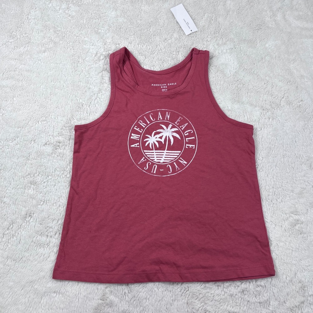 American Eagle Kids Tank Top Size 14‎ Pink Graphic Racerback Palm Tree 7718-107